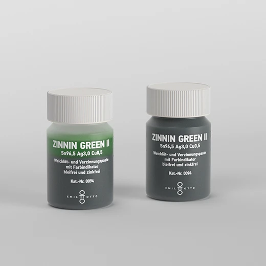 Abbildung von zwei Lot-Flussmittelpaste ZINNIN GREEN II Sn96,5 Ag3,0 Cu0,5