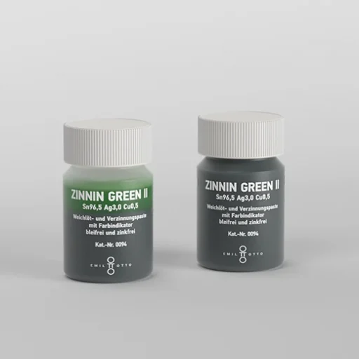 Abbildung von zwei Lot-Flussmittelpaste ZINNIN GREEN II Sn96,5 Ag3,0 Cu0,5